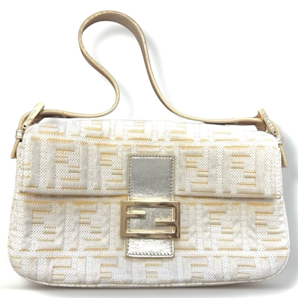 AUTH Rare FENDI ZUCCA BAGUETTE LIKE NEW! white gold Monogram Shoulder Bag COA ⭐️ - Picture 7 of 16